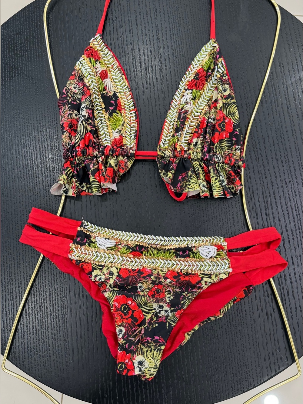 Colombian Red Floral Beaded Bikini Set Top Medium & Small Bottom
